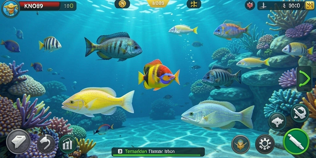 Screenshot gameplay KNO89 yang menampilkan perburuan ikan yang seru.