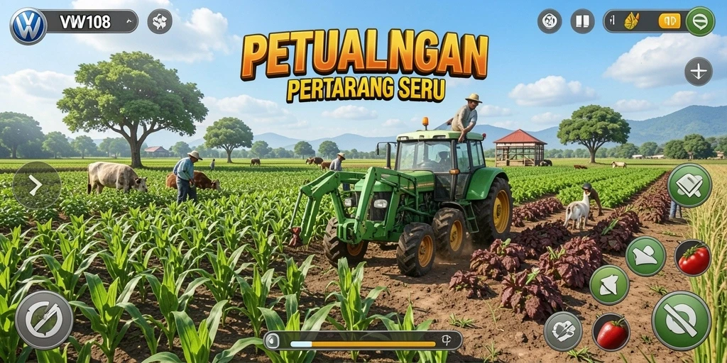 Tangkapan layar VW108 menampilkan pengalaman pertanian yang seru dan interaktif.